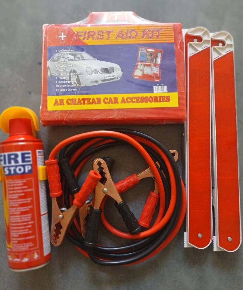 4 in 1 Emergency Car Kit – First Aid Kit, Jumper Cables, Fire Extinguisher & Life Saver Tools